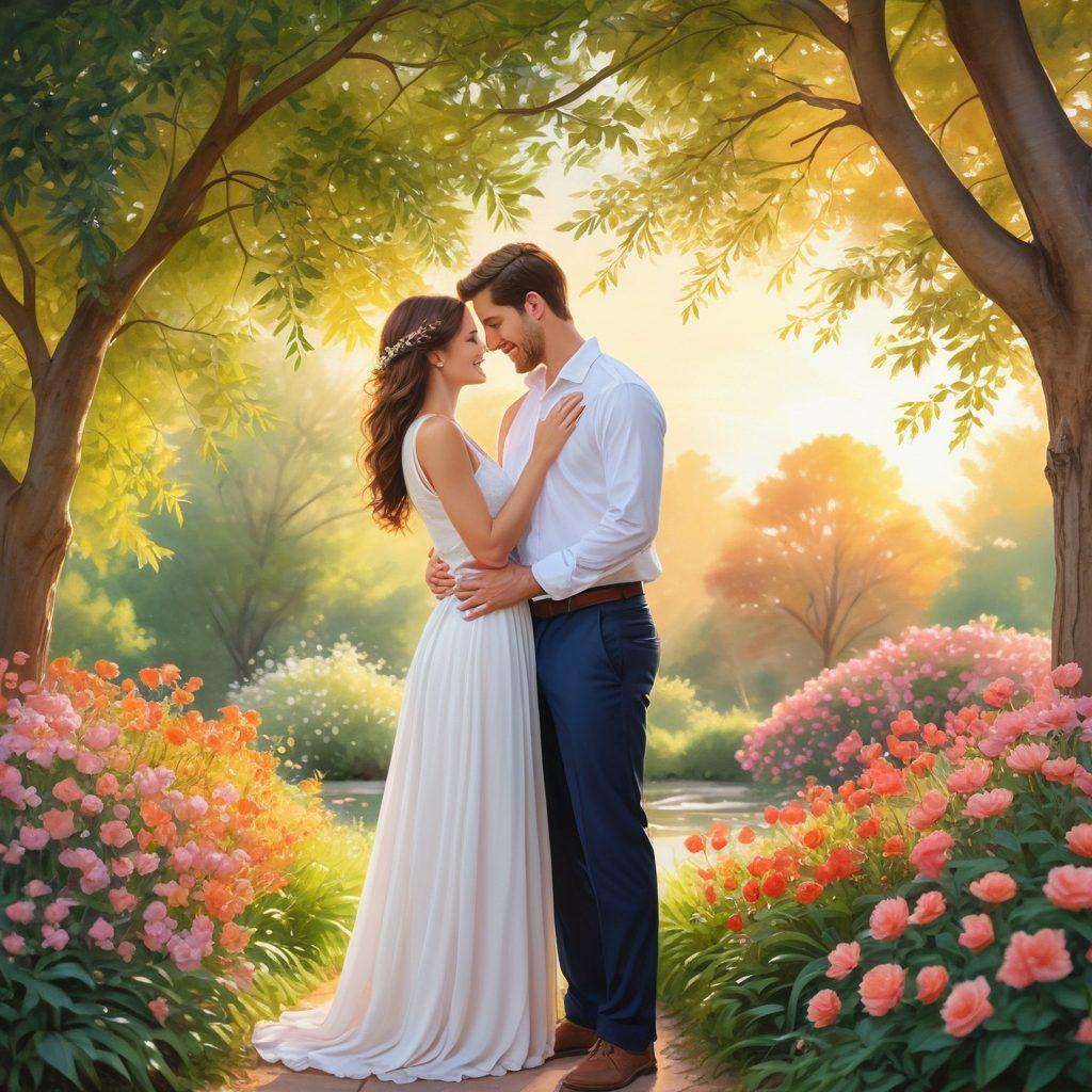 A serene garden filled with blooming flowers symbolizing growth and joy, intertwined with diverse couples sharing heartfelt moments, laughter, and connection. A soft golden sunset casting warm light on their interactions, while a gentle breeze rustles the leaves. The scene captures the essence of love, happiness, and togetherness. watercolor painting. vibrant colors. soft focus.