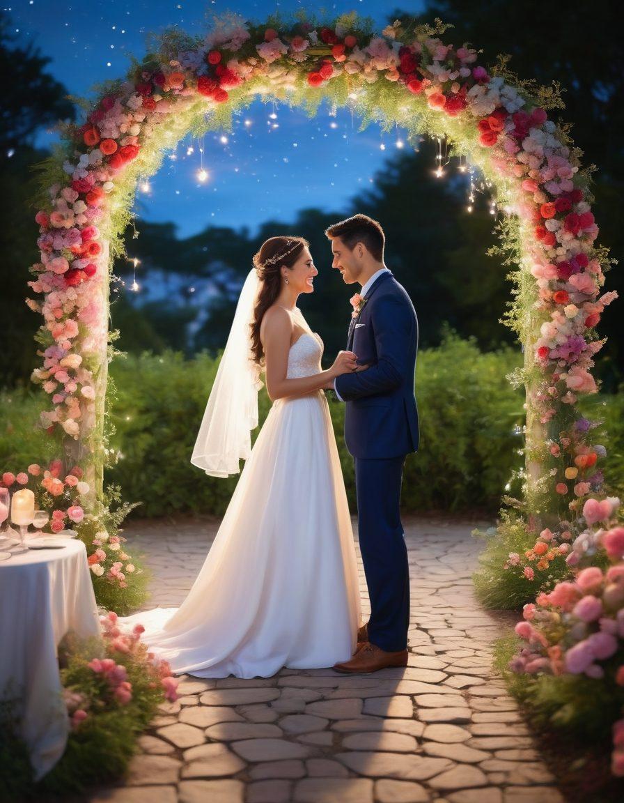 A romantic journey illustrated with intertwining paths, featuring couples at various stages of their relationship: from a first date under starry skies, to engagement surrounded by flowers, and finally, a joyful wedding scene with a beautiful backdrop. Soft pastel colors convey warmth and love, with heart symbols subtly incorporated in the design. super-realistic. vibrant colors. soft focus.